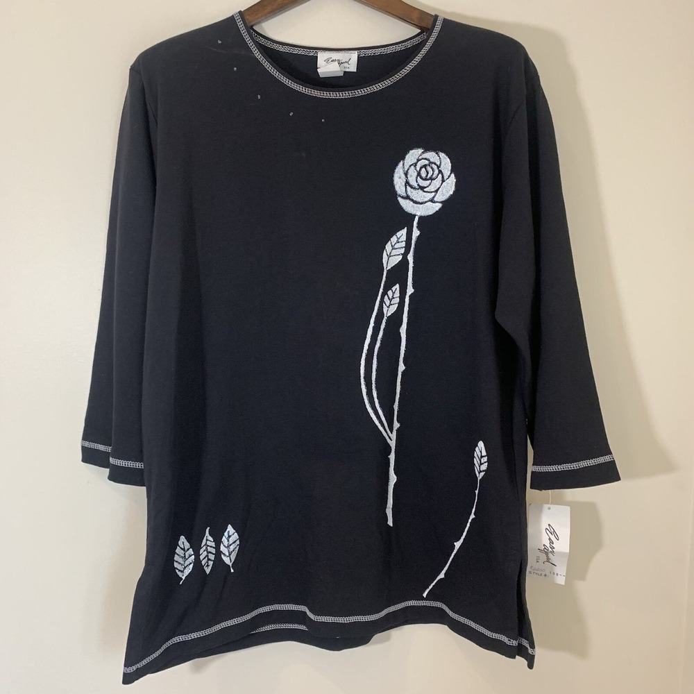 Vintage Easy Apparel Womens Tunic Top XL Black Floral Glitter Accent Y2K Stretch